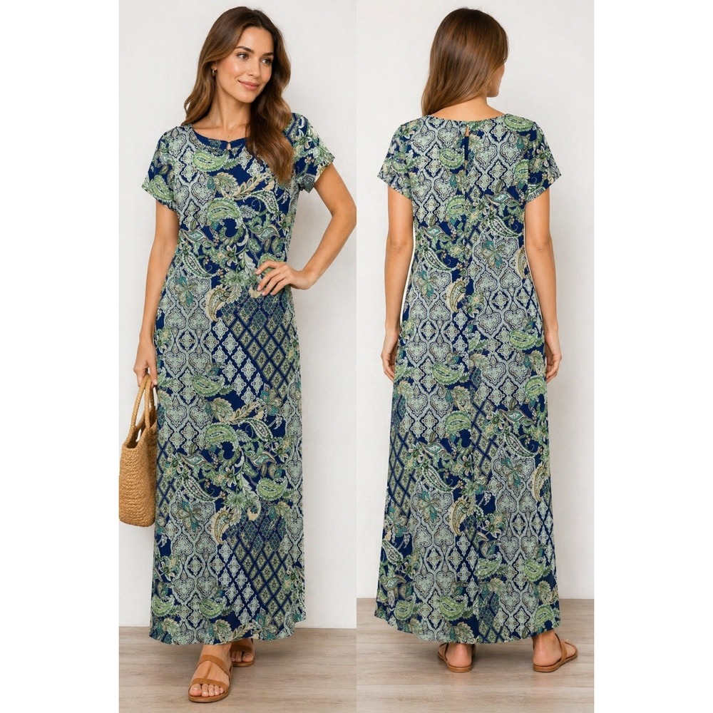 Leslie Fay Womens Blue Green Paisley Tile Print Short Sleeve Maxi Dress Small
